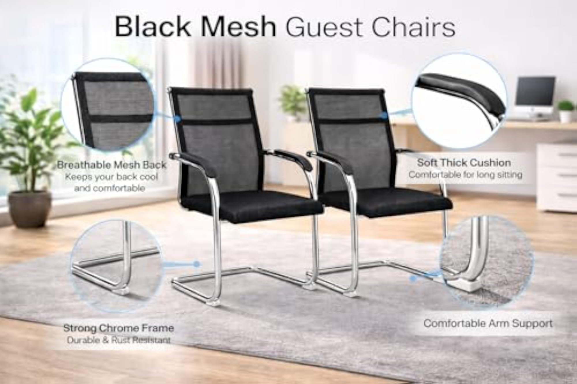 Set of 2 Mesh Office Guest Chairs with Armrests